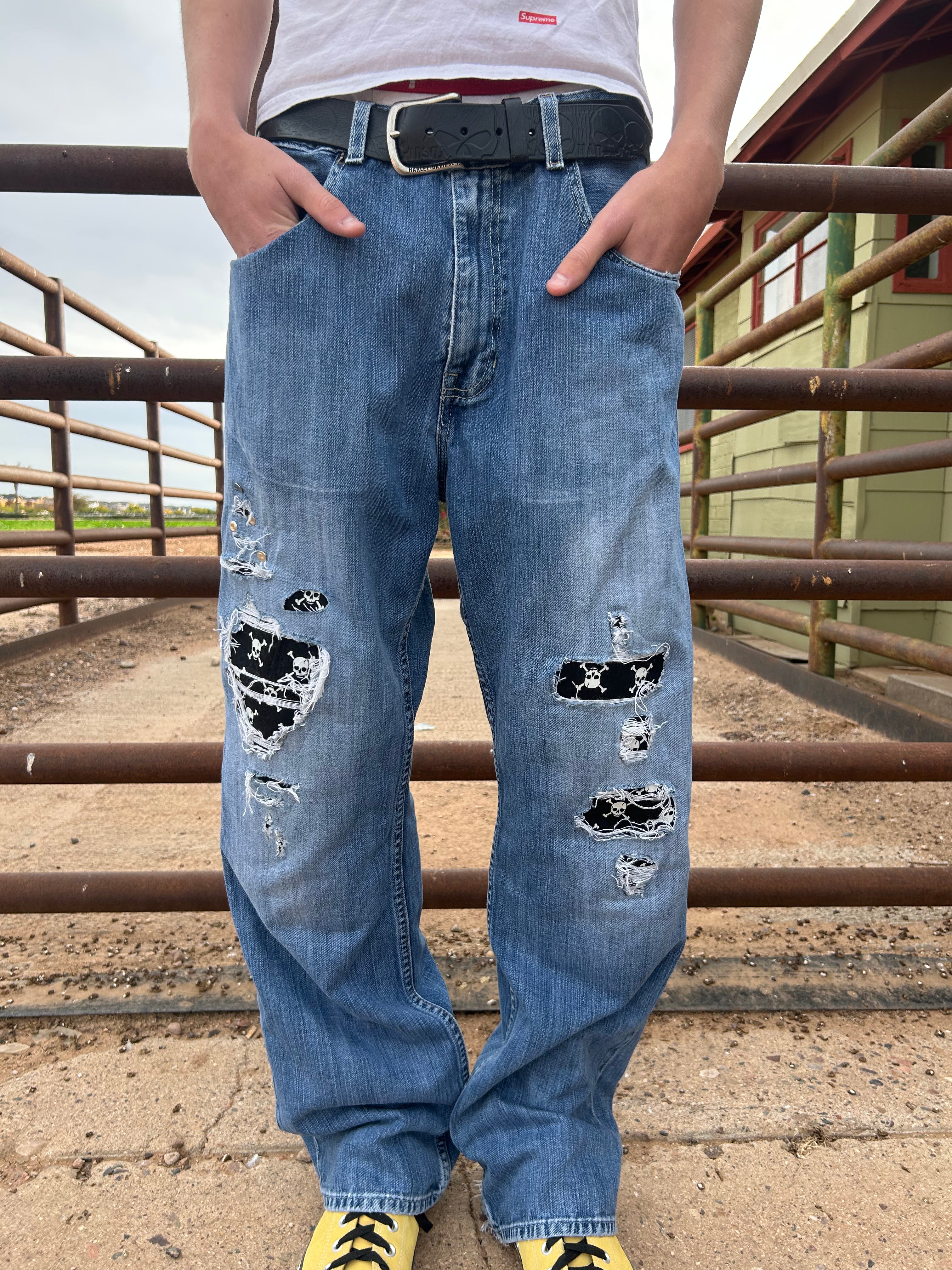 Skull patchwork jeans