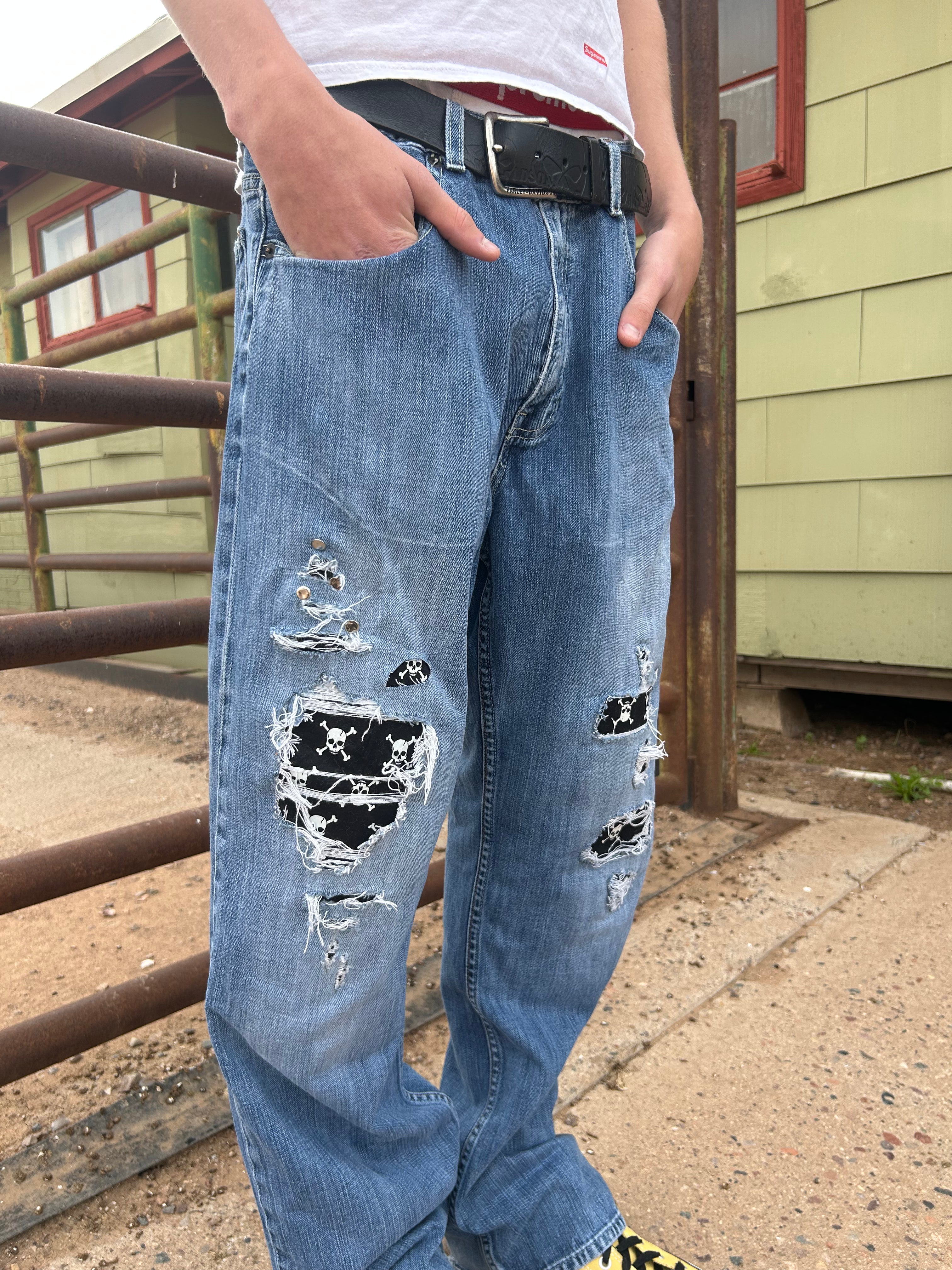 Skull patchwork jeans