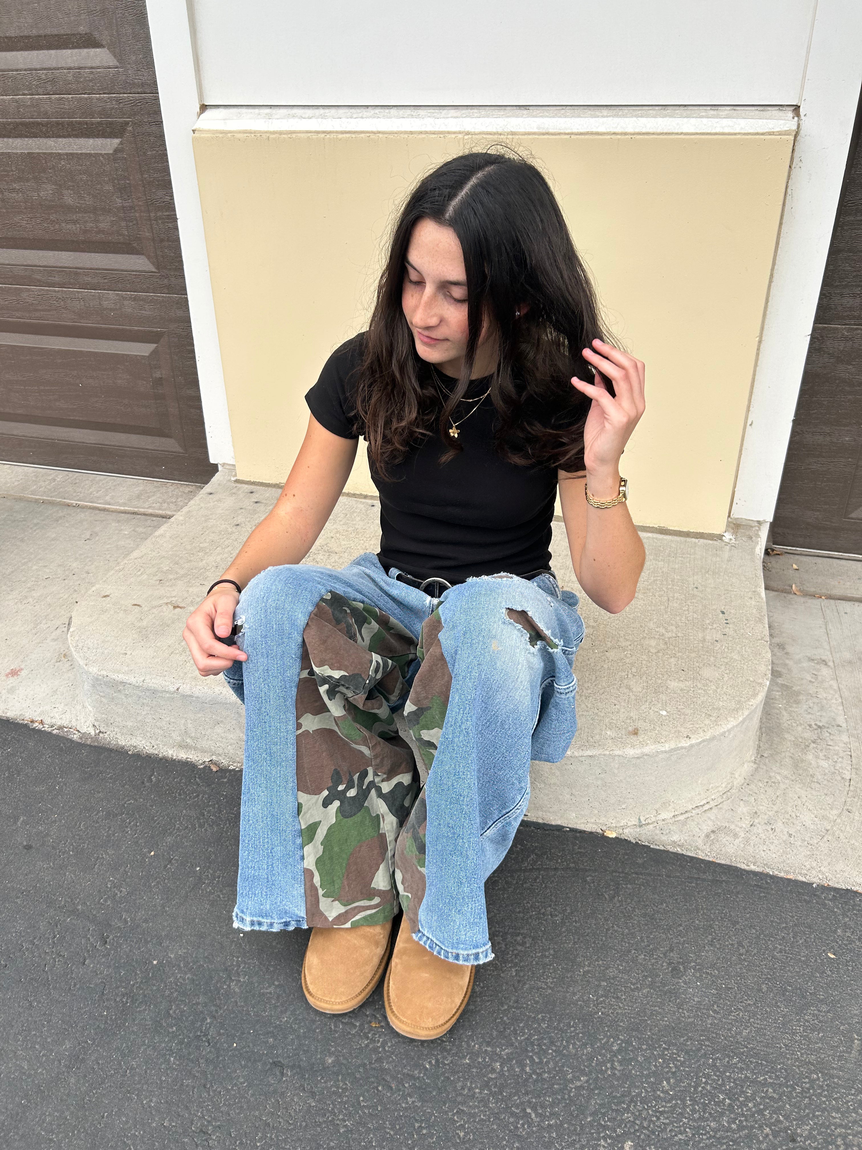 Blue jeans with camo inserts